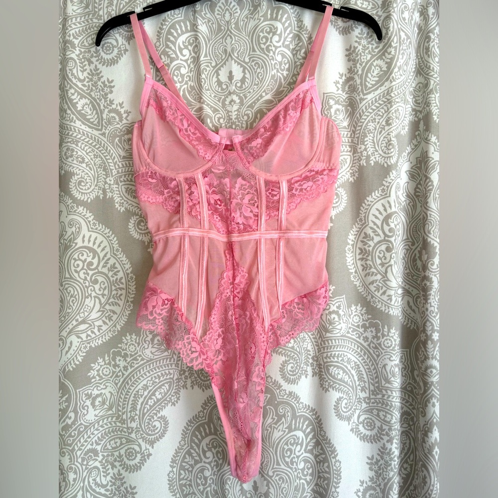 Sheer Pink lace thong teddy